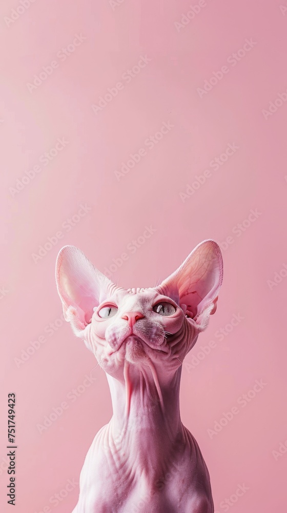 Portrait of a sphynx cat on a pink background. Studio shot.