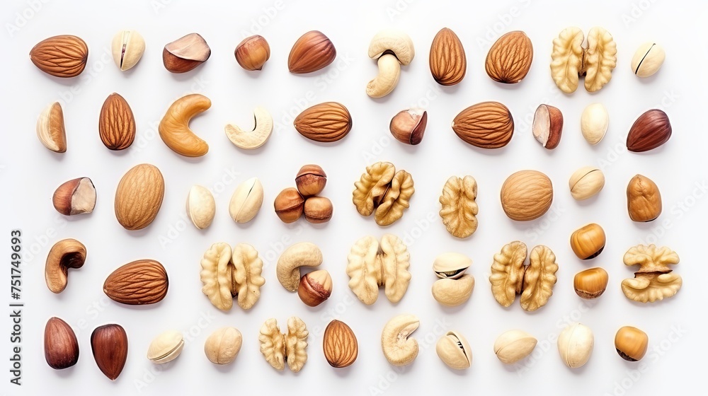 An artistic arrangement of hazelnuts, almonds, walnuts, peanuts, and cashews on a white background, creating a flat lay display. (Food concept) An artistic arrangement of hazelnuts, almonds, walnuts, peanuts, and cashews on a white background, creating a flat lay display. (Food concept)