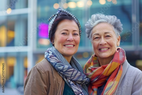 two elderly women portrait on the street Generative AI