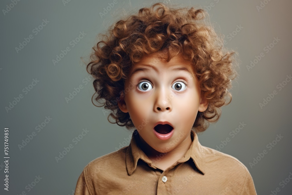 Kid with curly hair displays an expression of pure astonishment, wide eyed and mouth agape, against a soft neutral background Kid with curly hair displays an expression of pure astonishment, wide eyed and mouth agape, against a soft neutral background