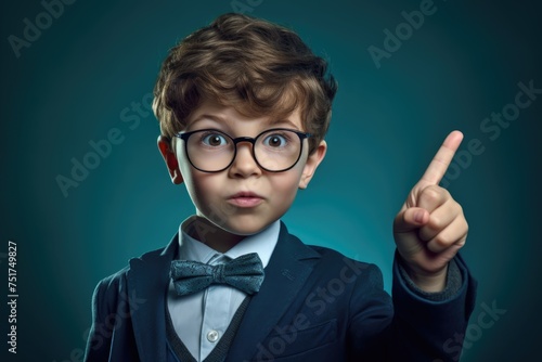 Curious young boy in glasses and a formal suit points upwards, his expression a blend of astonishment and insight, against a deep teal background