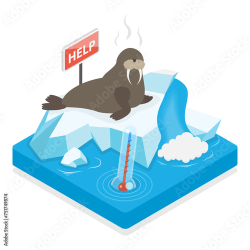 3D Isometric Flat Vector Illustration of Global Warming, Ice Melting, World Climate Changing. Item 3