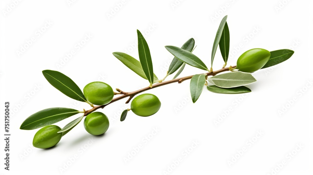 An olive tree branch with green leaves, isolated against a white background, complete with a clipping path.