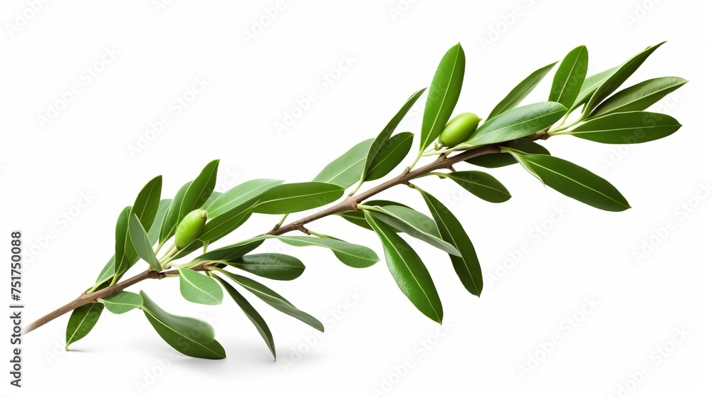 An olive tree branch with green leaves, isolated against a white background, complete with a clipping path.