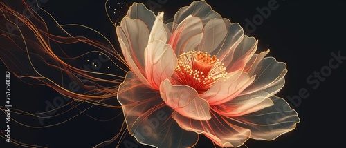 close-up image features a white lotus flower in full bloom, floating on water against a black background. The flower has many symmetrical petals and a yellow center.