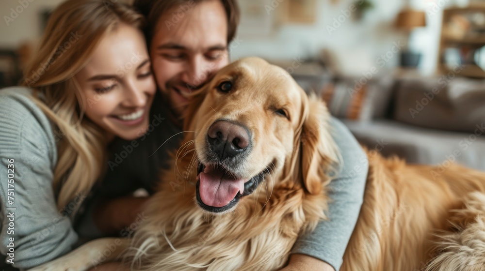 Couple with their golden retriever, sharing a joyous moment Couple with their golden retriever, sharing a joyous moment