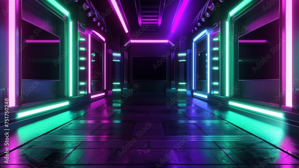 Background wall with neon lines and rays. Background dark corridor with neon light. Abstract background with lines and glow. Background wall with neon lines and rays. Background dark corridor with neon light. Abstract background with lines and glow.