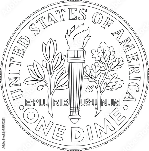 American dollar one dime coin vector design line art silhouette handmade.
