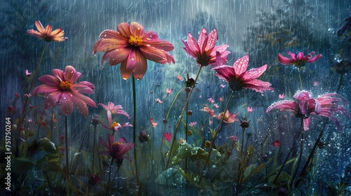 wet flowers in rain photo