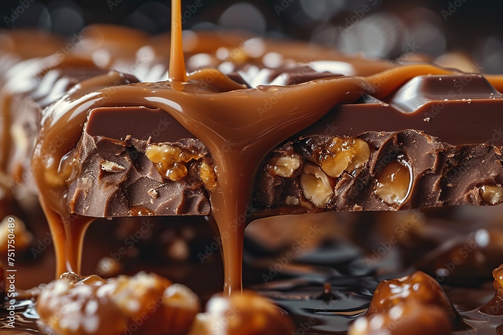 Close up of chocolate with nuts and caramel. A close-up of the delectable textures of a candy bar, with a focus on melting chocolate, crunchy nuts, and gooey caramel.  - obrazy, fototapety, plakaty 
