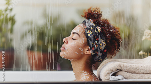 Serene Woman Enjoying a Pampering Shower with Facial Mask © Yulia