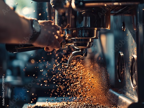 Coffee machine making coffee. Coffee machine making coffee. Coffee machine pouring coffee. Coffee beans being poured into a coffee grinder. Close-up. A close-up shot of a barista grinding coffee beans