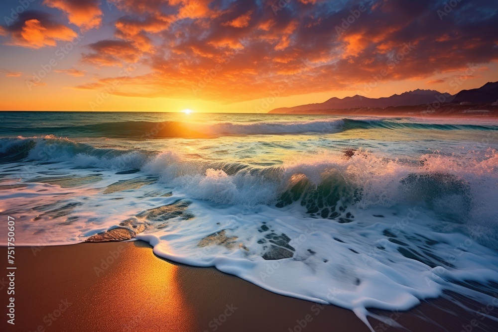 beach with waves at sunset with red sky