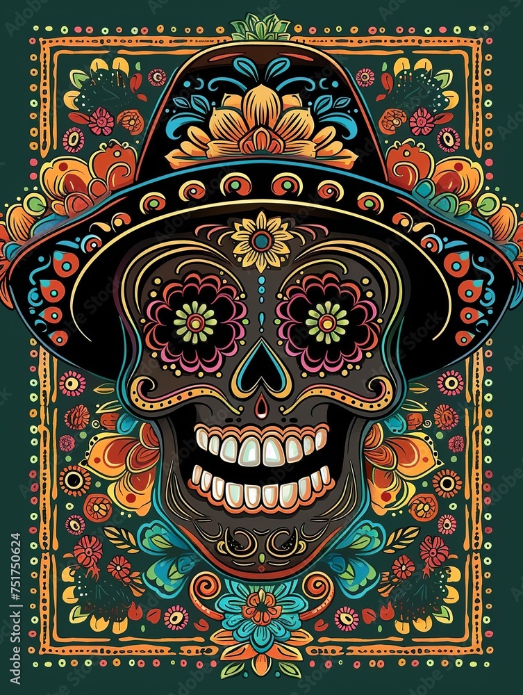 cinco de mayo themed illustration of a black sugar skull made of illustrated flowers, in sombrero