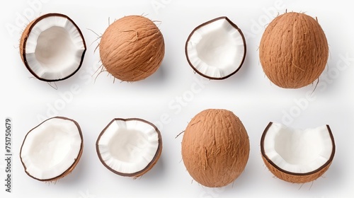 Assorted coconut pieces including whole and sliced coconut arranged on a white background, viewed from above.