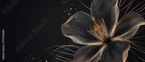 A close-up of a large, black flower with gold highlights against a black background. outlined in gold lines, #751750690
