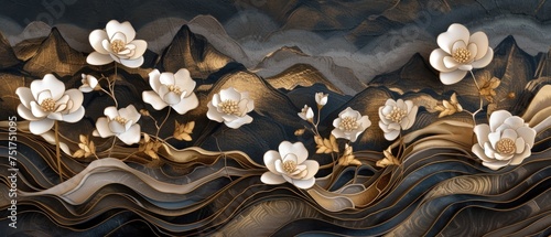 a set of oriental flowers made of paper, white flowers in various shapes and sizes against a dark background. The loose brushstrokes and contrasting colors