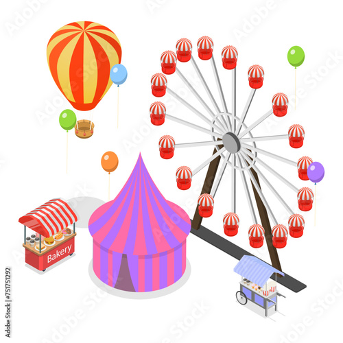 3D Isometric Flat Vector Set of Amusement Parks, Observation Wheel, Roller Coaster. Item 3