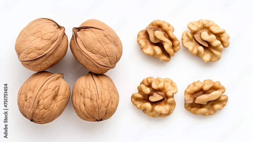 Cups containing both peeled and unpeeled walnuts arranged on a white background, captured from a top-down perspective. Cups containing both peeled and unpeeled walnuts arranged on a white background, captured from a top-down perspective.