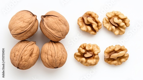 Cups containing both peeled and unpeeled walnuts arranged on a white background, captured from a top-down perspective.