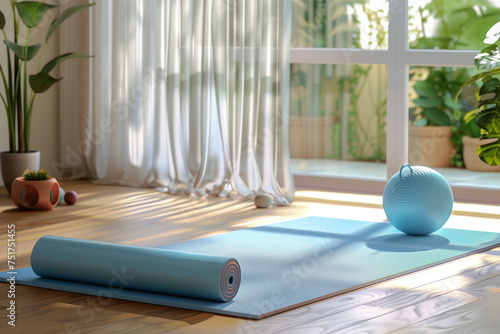 A white room with a white yoga mat and a white ball. The room is very clean and brigh