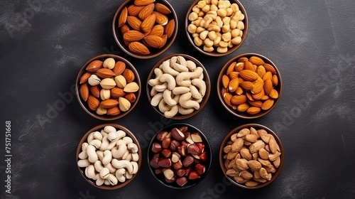 Assortment of nuts displayed on a stone table, viewed from above.