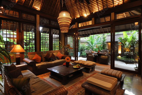 A large living room with a white couch, a brown coffee table, and a red and white wall hanging. Bali style room.