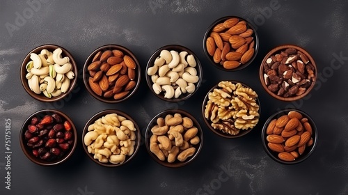 Assortment of nuts displayed on a stone table, viewed from above.