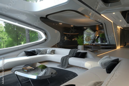 A futuristic bedroom with a white bed. The room is illuminated with lights and has a modern, sleek design © lashkhidzetim