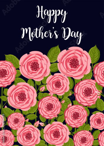 Mother's day greeting card. Seamless pattern with blooming roses. Botanical vector illustration isolated for postcard, poster, ad, decor and other uses. Festive text can be replaced.