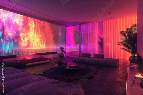 A living room with a large screen TV and a red and purple theme. The room is decorated with a red and purple color scheme, and there are several potted plants scattered throughout the space © lashkhidzetim