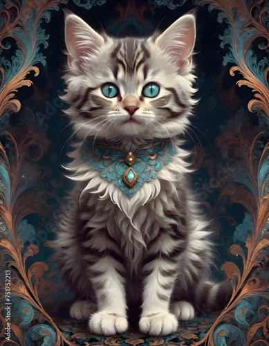 Artistic Rendition of a Grey and White Kitten in an Ornate Frame, Generative AI