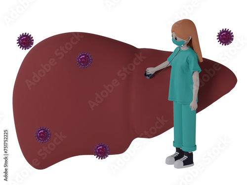 Female hepatologist doctor examines human liver world hepatitis day concept illustration
 photo