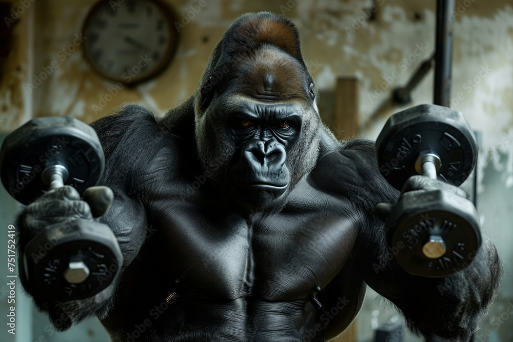 A gorilla is lifting weights in a gym. A gorilla is lifting weights in a gym.