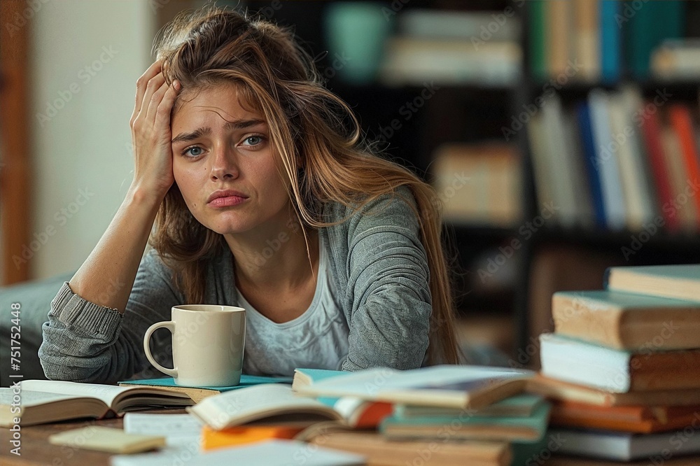 Erschöpfte Studentin / Schülerin: Lernen mit Stress und Müdigkeit Erschöpfte Studentin / Schülerin: Lernen mit Stress und Müdigkeit