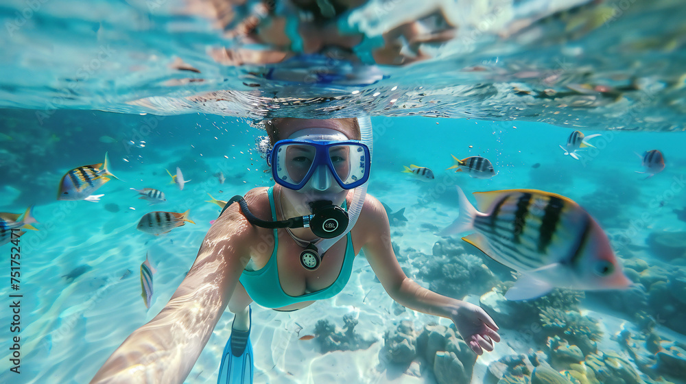 Female scuba diver, swimming underwater, pristine white sand under tropical sea clear blue, admiring Colorful coral reef, underwater and examining the seabed, snorkeling amongst many exotic fish