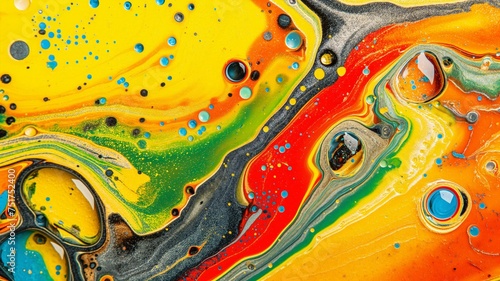 Vibrant Abstract Macro Photography of Colorful Oil and Water Mixture with Swirling Patterns and Bubbles photo