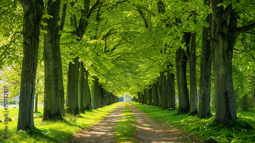 Tunnel-like lime tree avenue in spring, fresh green foliage, park  © Bogdan