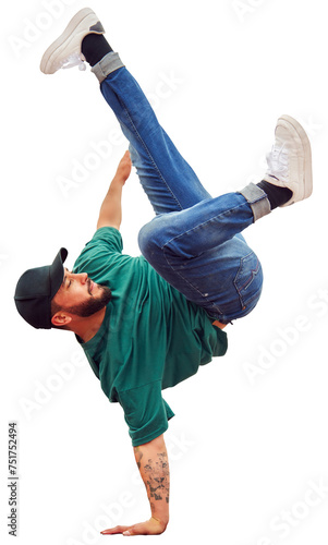 Foto breakdancer guy performing inverted freeze technique on transparent background