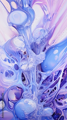 A close-up of a vibrantly colored flower in shades of purple and blue, surrounded by small, transparent bubbles. The background is black.