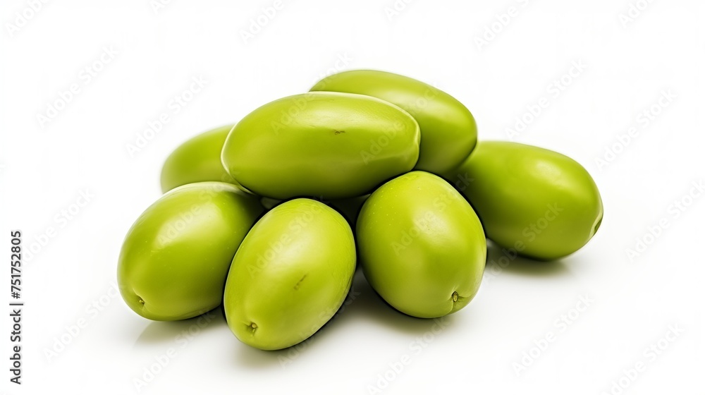 Green olives presented on a white background, providing ample copy space. Green olives presented on a white background, providing ample copy space.