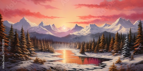 Radiant sunrise casting warm colors over a snowy forest with distant mountain range