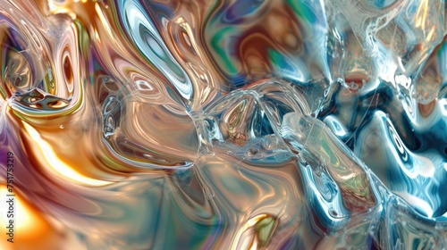 close-up photo shows a smooth, metallic surface with swirling colors of gold, silver, and blue. The reflective surface catches light, creating highlights and shadows. photo