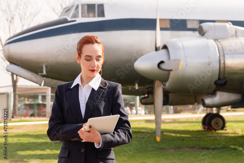 A poised air hostess in a business suit attentively reviews her tablet in front of a vintage airplane, evoking a blend of classic and modern aviation themes