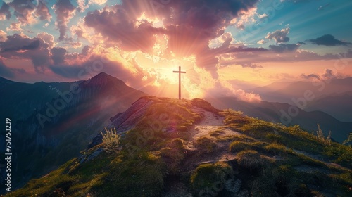 Wooden Cross on top of a mountain . Easter concept, AI Generative