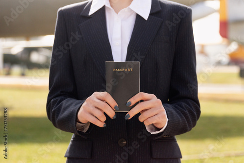 Close-up of anonymous air hostess's hands professionally holding a passport, ready for international travel, with aircraft in the background photo