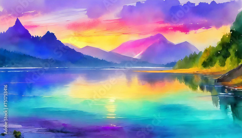 Watercolor illustration of sunset oven blue lake, mountain landscape. Beautiful scenery. © hardvicore