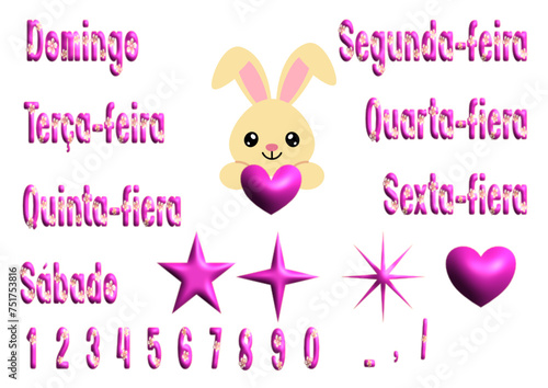 Domingo, segunda, terça, quarta, quinta, sexta fiera, numbers - writen to portoguese - Icons with calendar days Week.. Vector set. Point sticker to decorate diary, scheduler, calendar, planner. Pink	
