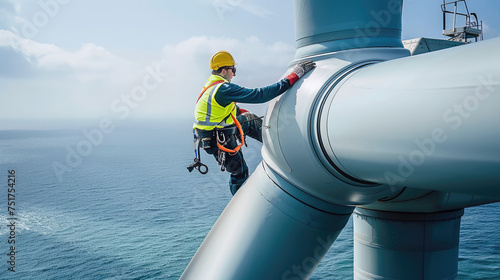 Worker on top of wind turbine in sea, engineer performs maintenance of windmill in ocean, man works on high construction. Concept of energy, people, power, sevice.