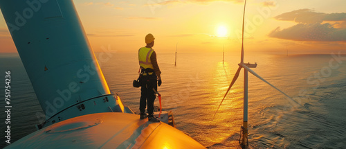 Worker on top of wind turbine in sea at sunset, engineer perform maintenance of windmill in ocean. Concept of energy, power, sustainable development, people